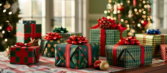Obraz premium Various festive gifts displayed on a table, adorned with vivid wrapping paper and bows, with available space for text in the image. image with copy space