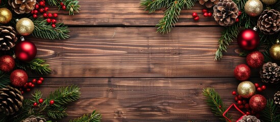 Top view Christmas decorations on wooden backdrop with room for text; copy space image.