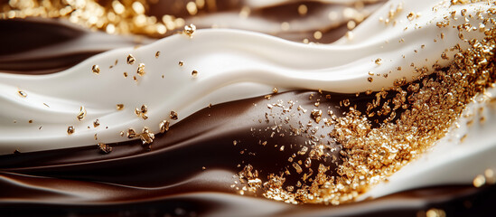 Liquid metal chocolate waves in white and gold swirl against a dark, dramatic backdrop, adorned with luxurious golden sprinkles. Dramatic lighting accentuates chocolate splashes.