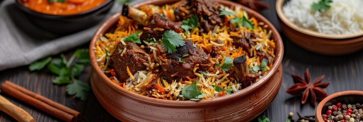 Fototapeta premium Highly delicious and spicy Mutton Biryani created with marinated lamb or goat meat mixed with a variety of Indian spices and slow cooked with rice