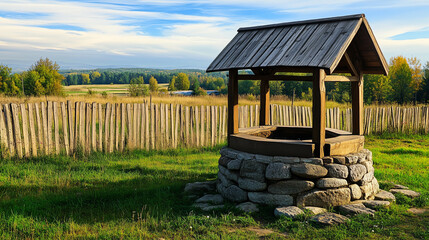 Rustic Wooden Water Well in Countryside Landscape