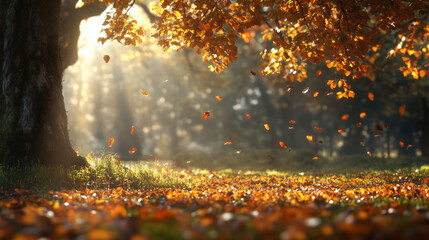 Autumn Leaves Falling in Sunlit Forest