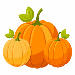 Three Pumpkins with Green Leaves on White Background