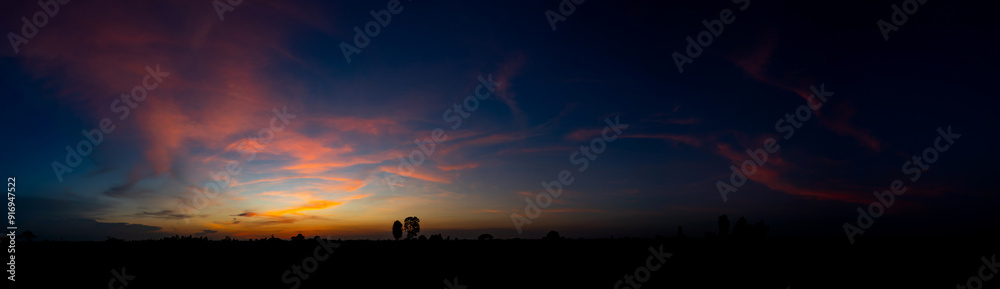 Wall mural Panorama silhouette tree in africa with sunset.Tree silhouetted against a setting sun.Dark tree on open field dramatic sunrise.Typical african sunset with acacia trees in Masai Mara, Kenya