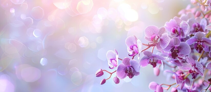 Purple orchids like Dendrobium bigibbum and Callista sumneri in mauve shades are blooming on a pastel background with soft focus and space for text or images. image with copy space