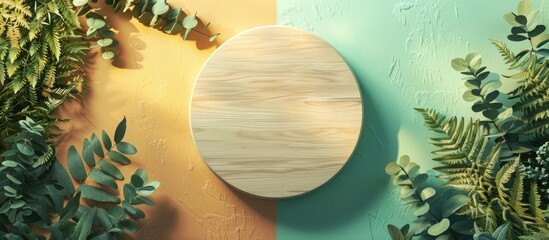 Top-down view of an empty circle in a vibrant forest setting with ferns, eucalyptus branches, and wooden pedestals on a two-toned pastel backdrop, perfect for a copy space image.