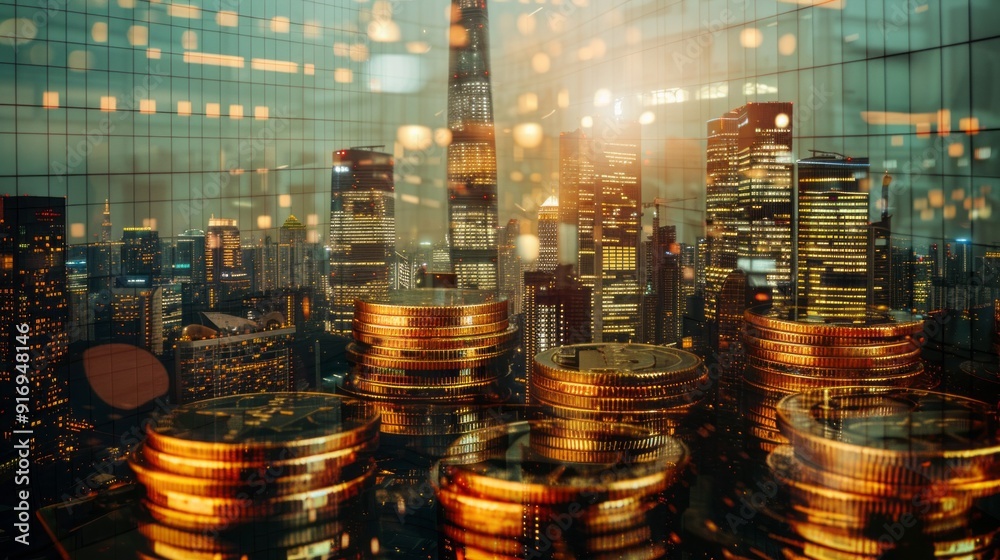 Poster a city skyline with a reflection of a large stack of gold coins