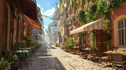 Fototapeta premium Picturesque European Street with Historic Buildings. AI generated illustration