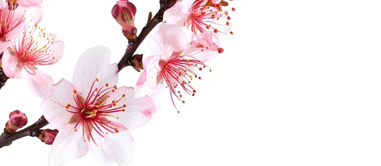 Fototapeta premium Peach blossom with copy space image against a white backdrop.