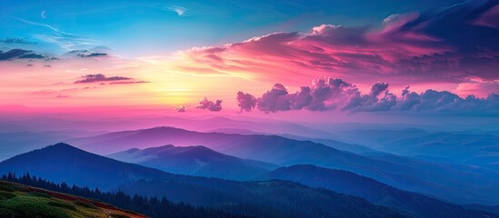 Fototapeta premium Mountain sunset with colored clouds, providing ample copy space image.