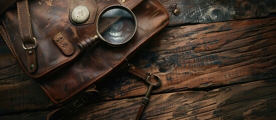 On a rustic wooden table background, there is an antique leather bag next to a magnifying glass, leaving room for additional elements in the image.