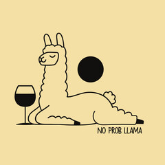 Vector illustration with relaxing llama or alpaca and glass of wine or other drink. No prob llama text. Monochrome print design with animal and drink, apparel print, wall decoration poster
