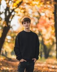 Obraz premium A portrait of a young man wearing a black crewneck sweater, standing against a vibrant background of autumn leaves. Fashion Mockup Concept.