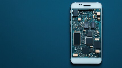 Smartphone Circuit Board on Blue Background.