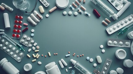 Fototapeta premium The top-view flat lay displaying medical equipment. Generative Ai