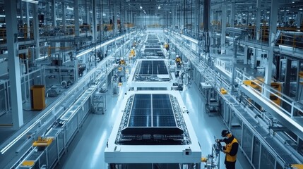 Fototapeta premium Electric Vehicle Battery Assembly Line in Modern Factory.