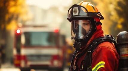Naklejka premium Firefighter in Protective Gear with Firetruck Ready for Emergency