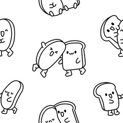 Funny couple bread cartoon characters. Seamless pattern. Coloring Page. Cute kawaii bakery friends. Hand drawn style. Vector drawing. Design ornaments.