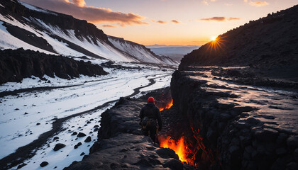 Lava Field Lost in Snowy Winter: The Traveler's Tour Immersed in Landslide