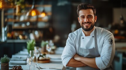 Obraz premium Chef with arms crossed beside gourmet presentation