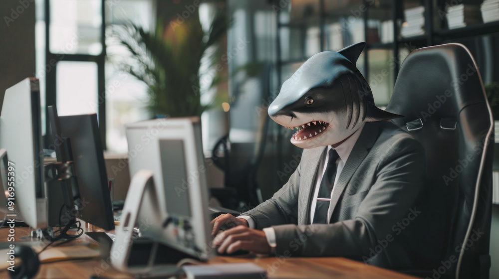 Aufkleber a man in a shark costume is sitting at a desk with a computer