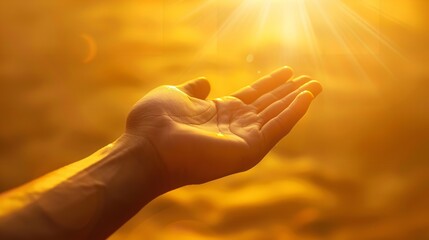A hand extended, searching for the golden sunlight. Generative Ai