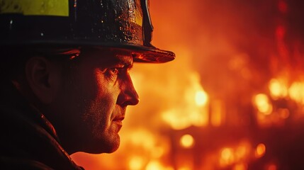 Profile Shot of Firefighter with Burning Building