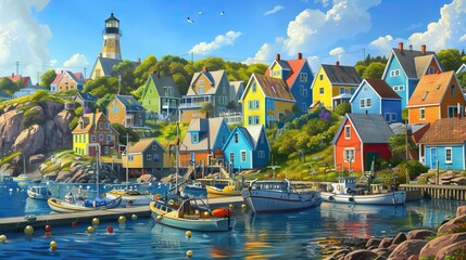 Vibrant Coastal Town with Brightly Colored Houses and Boats Docked at the Marina. AI generated illustration