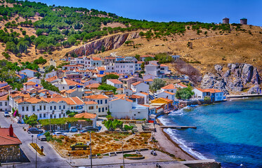Bozcaada, View of the port, fortress, Aegean Sea, promenade, shops and restaurants.