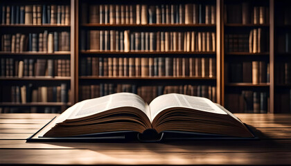 Buch offen aufgeschlagen geöffnet auf einem Holztisch vor einer Reihe Bücherregale mit alten Büchern, wie eine Bibliothek, Archiv studieren Literatur Pult Bildung Universität alt Fachhochschule lernen