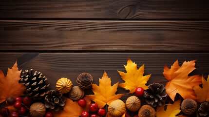 Beautiful frame of autumn maple leaves with pine cones on wooden table Background AI Generated