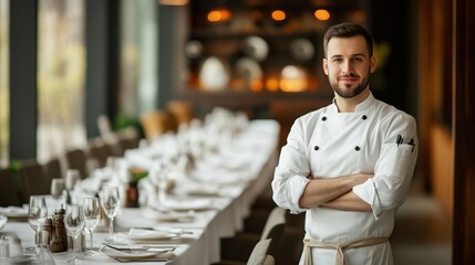 Culinary expert beside immaculately set table