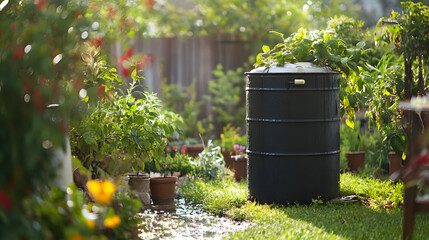Rainwater harvesting system in a garden featuring a water barrel, showcasing an eco-friendly method for watering plants and reusing water