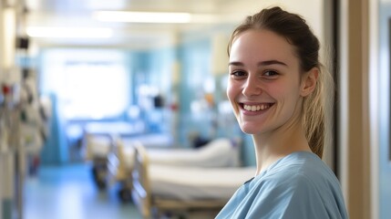 Happy Nurse Posing with Hospital Ward Behind