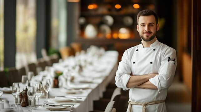 Culinary expert beside immaculately set table