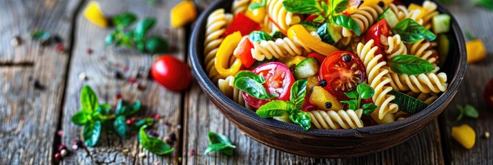 Healthy vegan fusilli pasta salad with colorful vegetables on wooden background Selective Focus