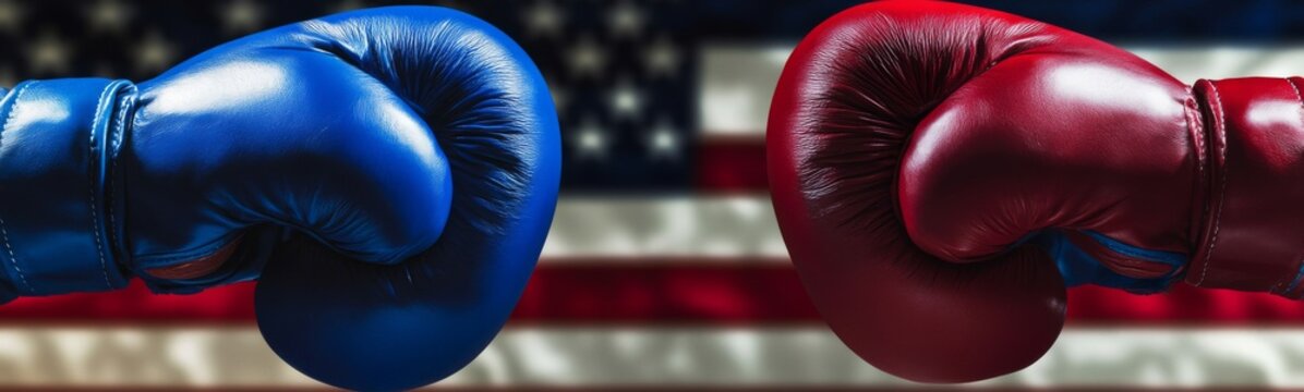 Fistic Valor: A Close-Up of Red and Blue Boxing Gloves Facing Each Other Against an American Flag Background, Symbolizing Competition and Patriotism