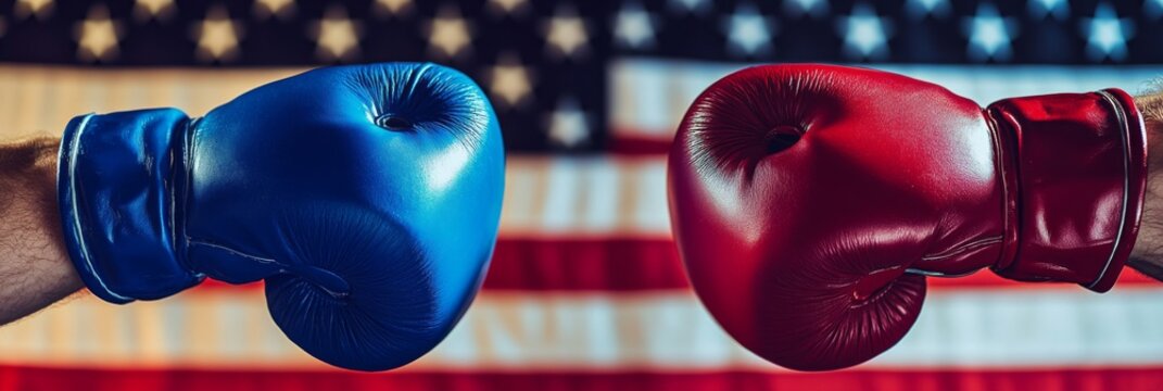 Fistic Valor: A Close-Up of Red and Blue Boxing Gloves Facing Each Other Against an American Flag Background, Symbolizing Competition and Patriotism