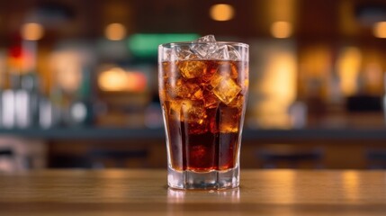 Refreshing Glass of Soda with Ice on a Bar Counter