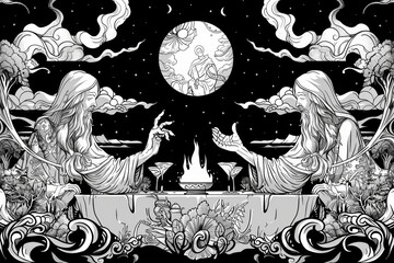 In a mystical setting, figures gather around a table sharing a final meal, illuminated by a celestial moon, capturing the essence of unity and sacred connection.