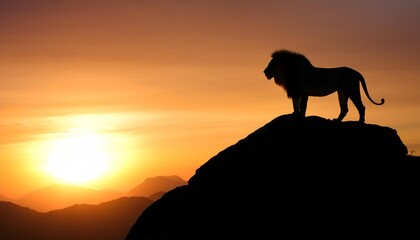 silhouette of a lion on a mountain at sunset