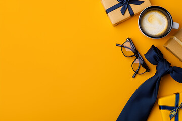 Happy Father's Day concept with necktie, glasses and coffee cup.