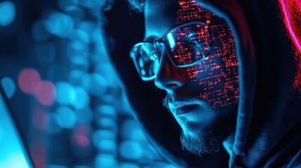A person in a hoodie with glasses, illuminated by digital patterns, focused on a screen.