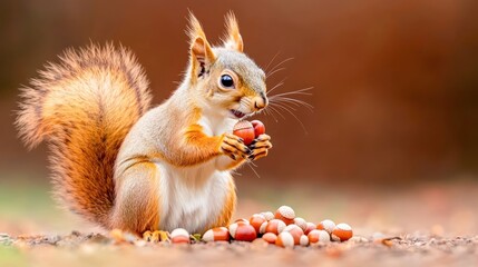 Obraz premium Adorable Squirrel Eating Peanuts in Autumn Forest