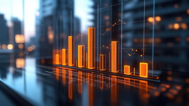 Photo-realistic 3D bar chart with dynamic lighting and shadows, representing rapid business growth