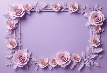 Elegant purple frame adorned with pastel roses and leaves on a matching purple background, perfect for invitations or decorative designs.