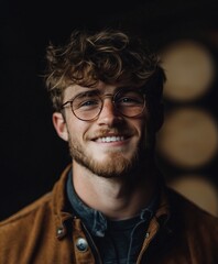 Obraz premium Smiling young Caucasian man with curly hair and glasses wearing a brown jacket, in a warmly lit environment.