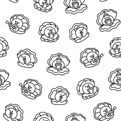 Cartoon kawaii seashell with a pearl. Seamless pattern. Coloring Page. Funny aquatic life. Hand drawn style. Vector drawing. Design ornaments.