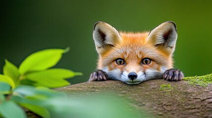 Obraz premium Curious Red Fox Kit Peeking from Behind Branch