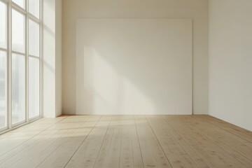 A spacious and bright modern art gallery with an empty white frame, used for mockups and designs.